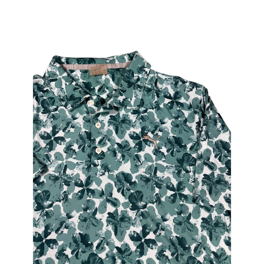 Puma Golf Men XL Green Floral Shamrock Print Performance Polo Shirt Short Sleeve